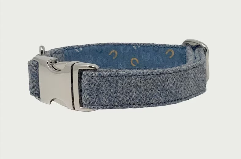 Blue Grey Herringbone Tweed Dog Collar - Silver Alu-Max Metal Buckle - Handmade - British Tweed