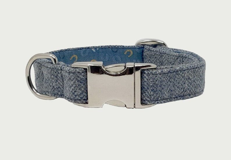 Blue Grey Herringbone Tweed Dog Collar - Silver Alu-Max Metal Buckle - Handmade - British Tweed