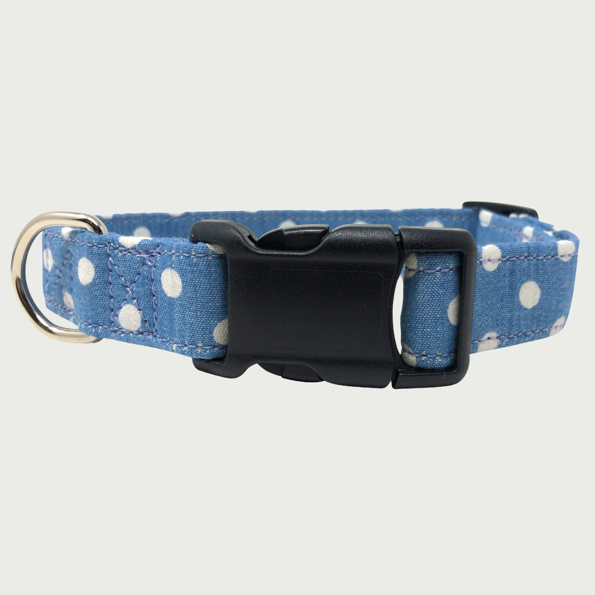 Light Blue Polka Dot Denim Dog Collar and Lead | Adjustable British Made Blue Fabric Dog Collar | Cotton, Strong Webbing & Strong Buckles