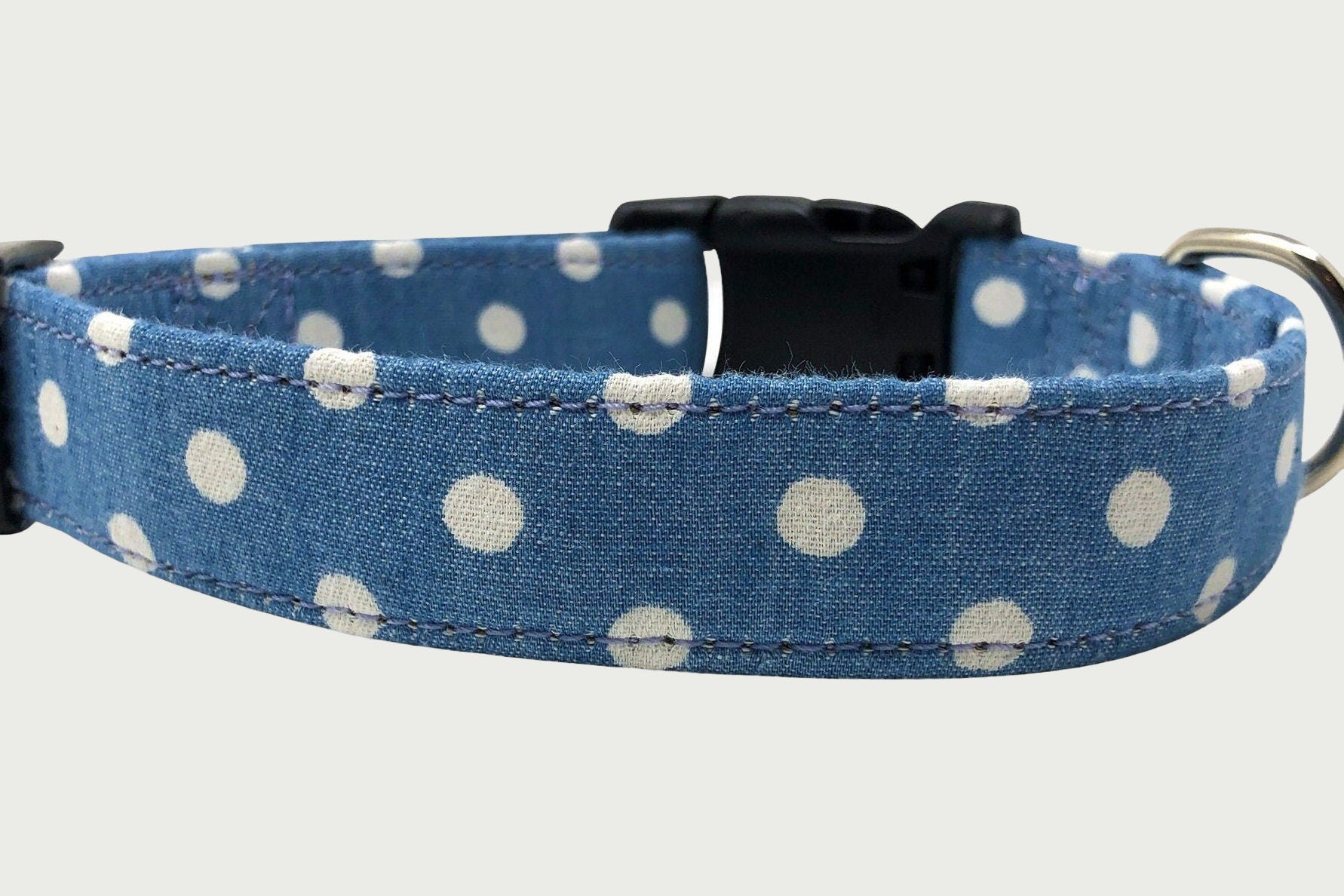 Light Blue Polka Dot Denim Dog Collar and Lead | Adjustable British Made Blue Fabric Dog Collar | Cotton, Strong Webbing & Strong Buckles