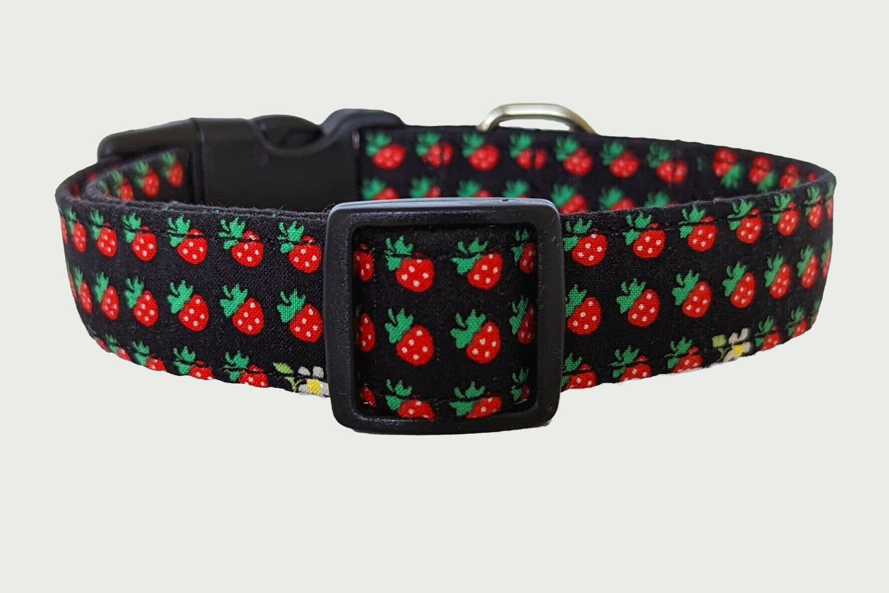 Strawberry Dog Collar | Black background with Strawberries  Dog Collar | Cotton Fabric, Strong Webbing & Strong Buckle