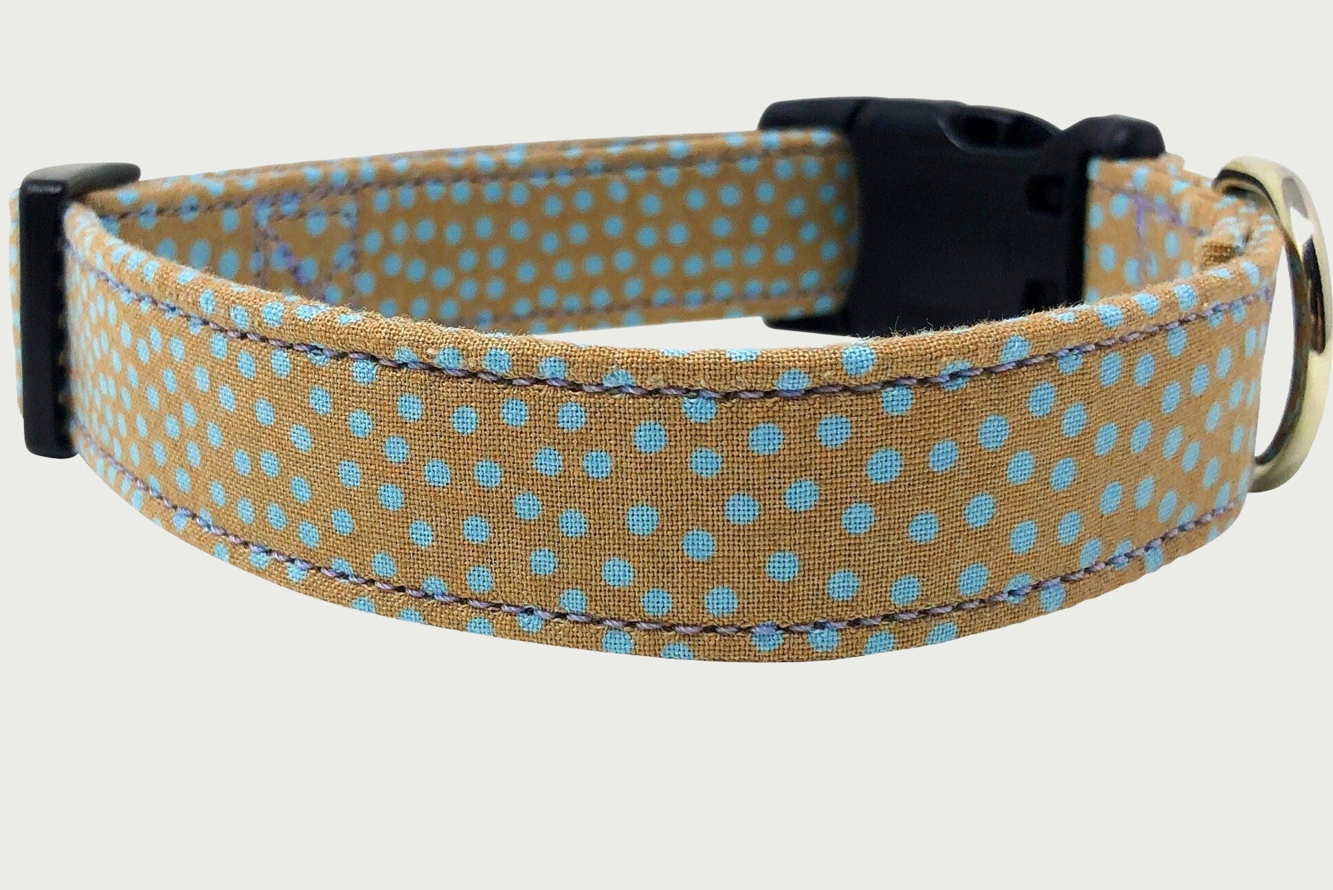 Taupe and Aqua Polka Dot Dog Collar | Adjustable Dog Collar | Handmade Beige and Blue Cotton Fabric, Strong Webbing & Strong Buckles