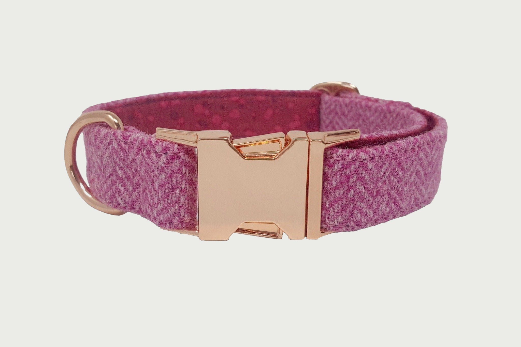 Pink Herringbone Tweed Dog Collar - Rose Gold Metal Buckle - Handmade - British Tweed