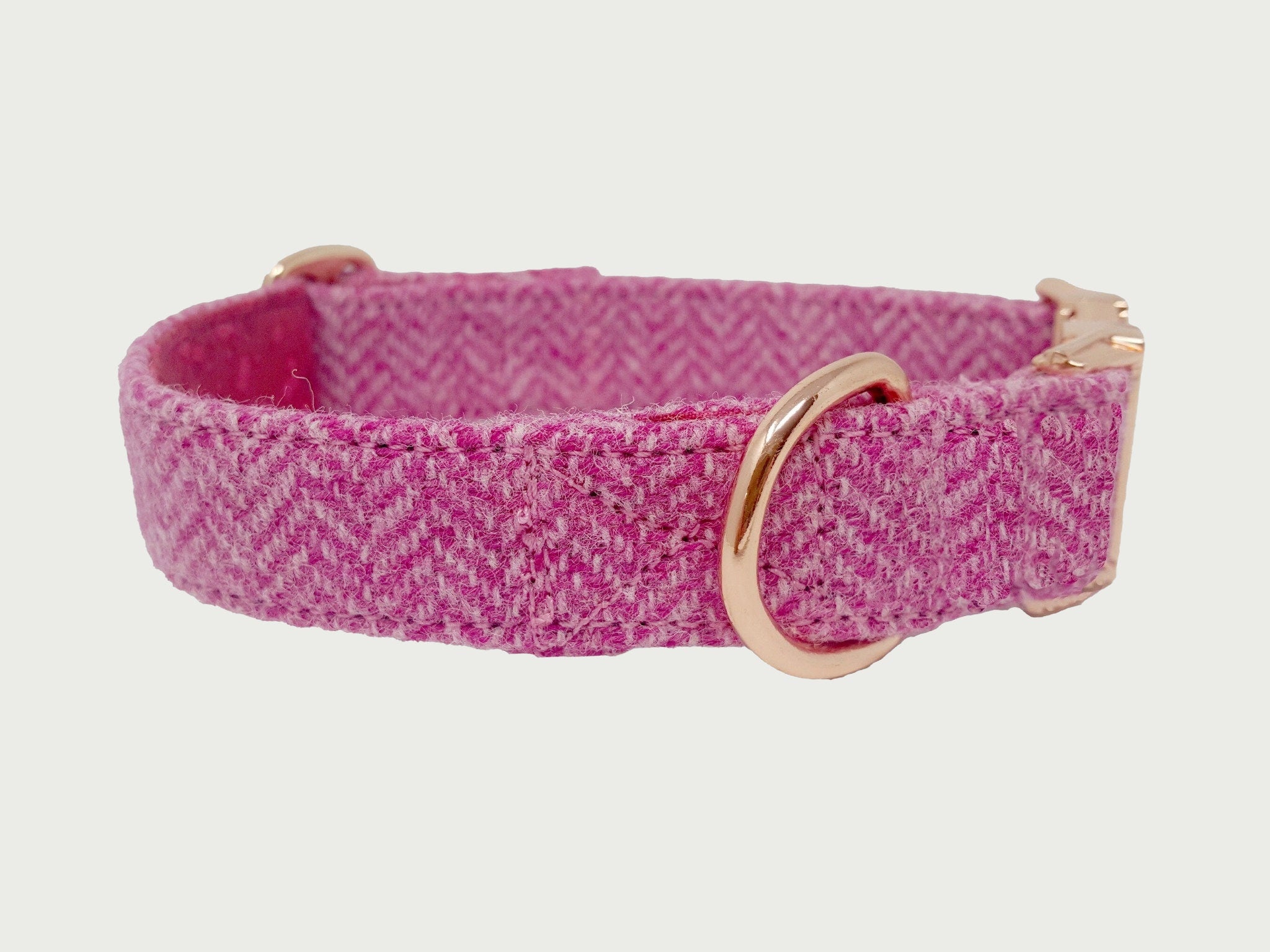 Pink Herringbone Tweed Dog Collar - Rose Gold Metal Buckle - Handmade - British Tweed