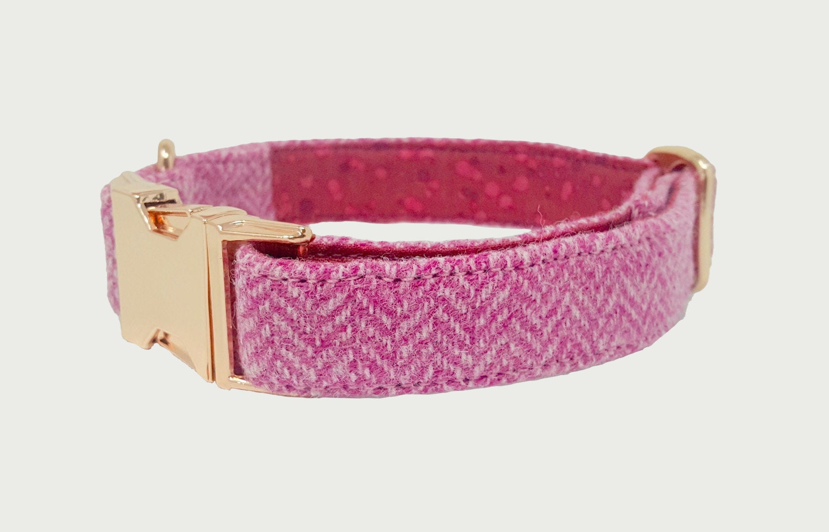 Pink Herringbone Tweed Dog Collar - Rose Gold Metal Buckle - Handmade - British Tweed