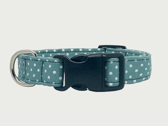 Teal Mini Polka Dot Dog Collar | Adjustable | British Made  Fabric Dog Collar | Cotton, Strong Webbing & Strong Buckles