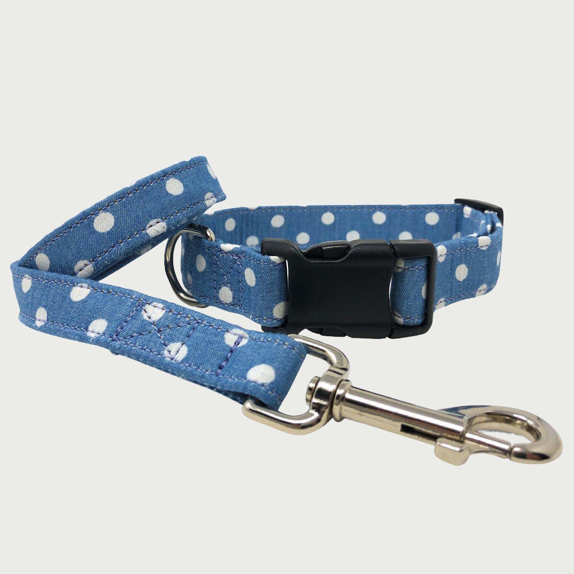 Light Blue Polka Dot Denim Dog Collar and Lead | Adjustable British Made Blue Fabric Dog Collar | Cotton, Strong Webbing & Strong Buckles