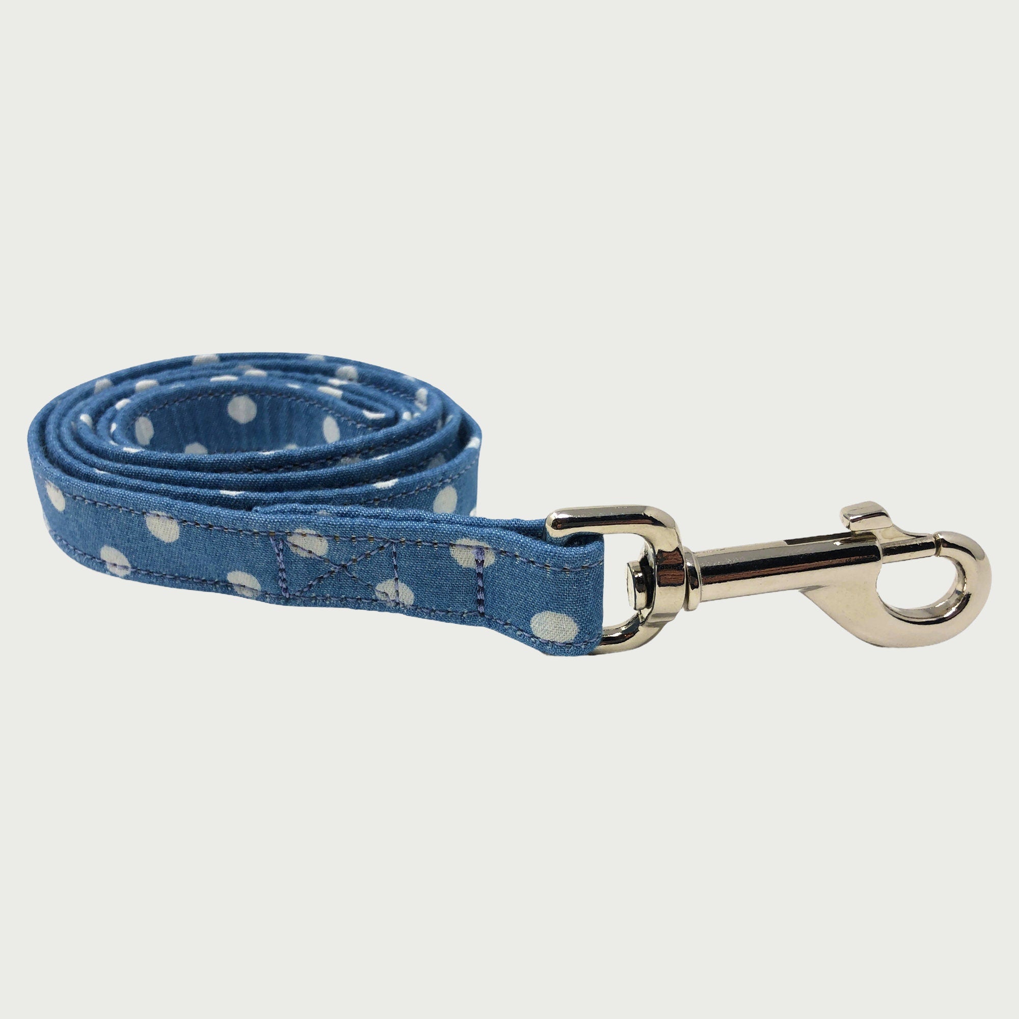 Light Blue Polka Dot Denim Dog Collar and Lead | Adjustable British Made Blue Fabric Dog Collar | Cotton, Strong Webbing & Strong Buckles