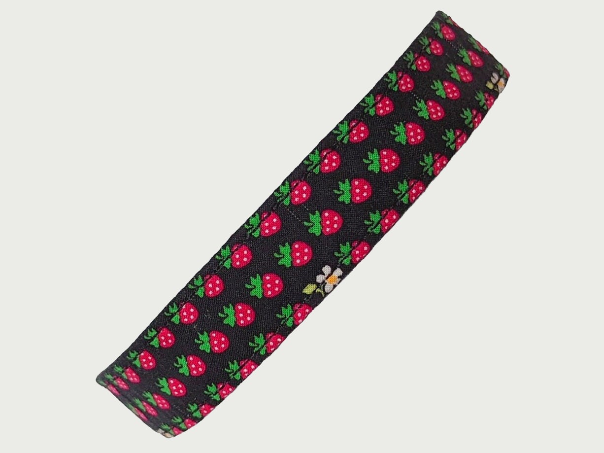 Strawberry Dog Collar | Black background with Strawberries  Dog Collar | Cotton Fabric, Strong Webbing & Strong Buckle