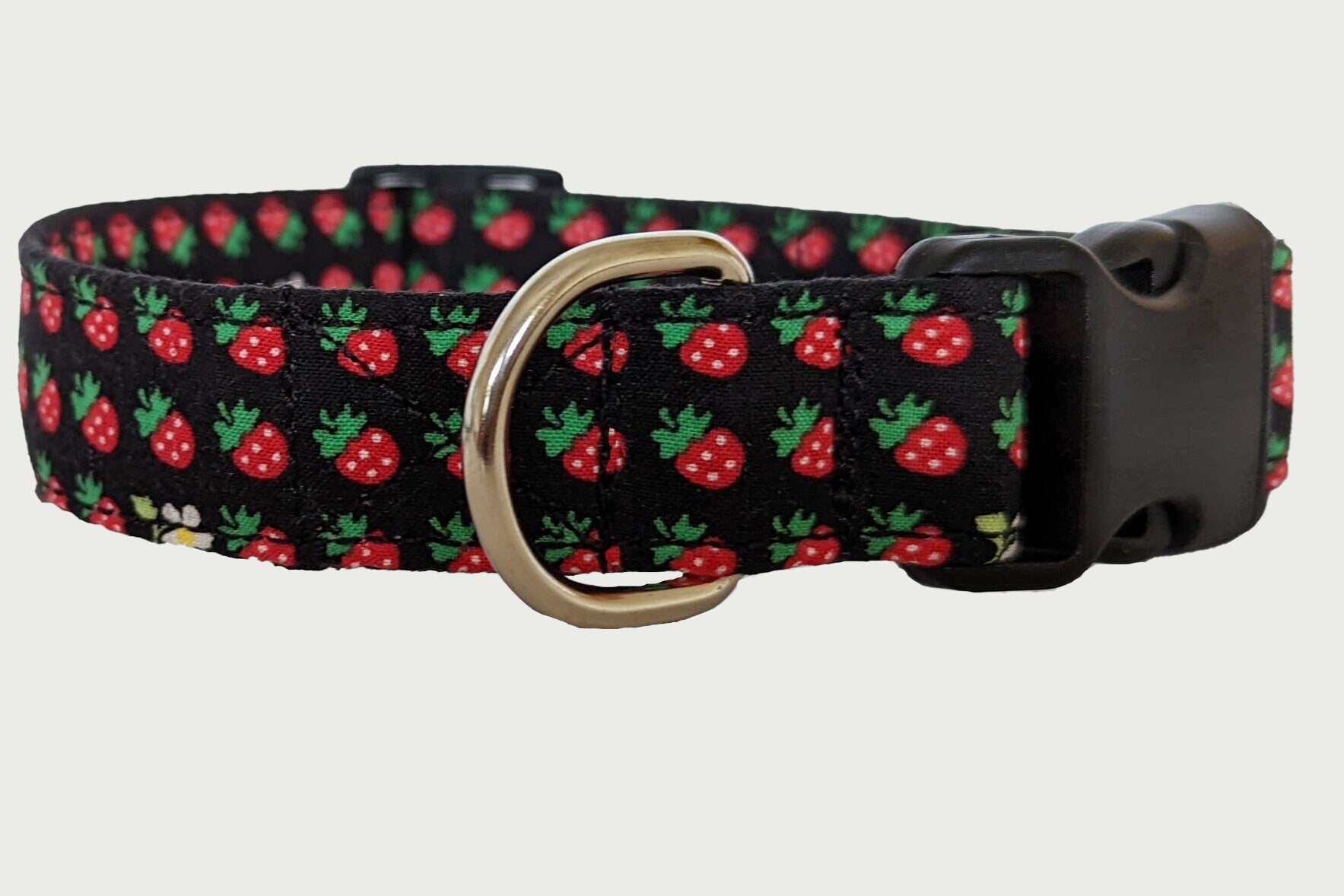 Strawberry Dog Collar | Black background with Strawberries  Dog Collar | Cotton Fabric, Strong Webbing & Strong Buckle