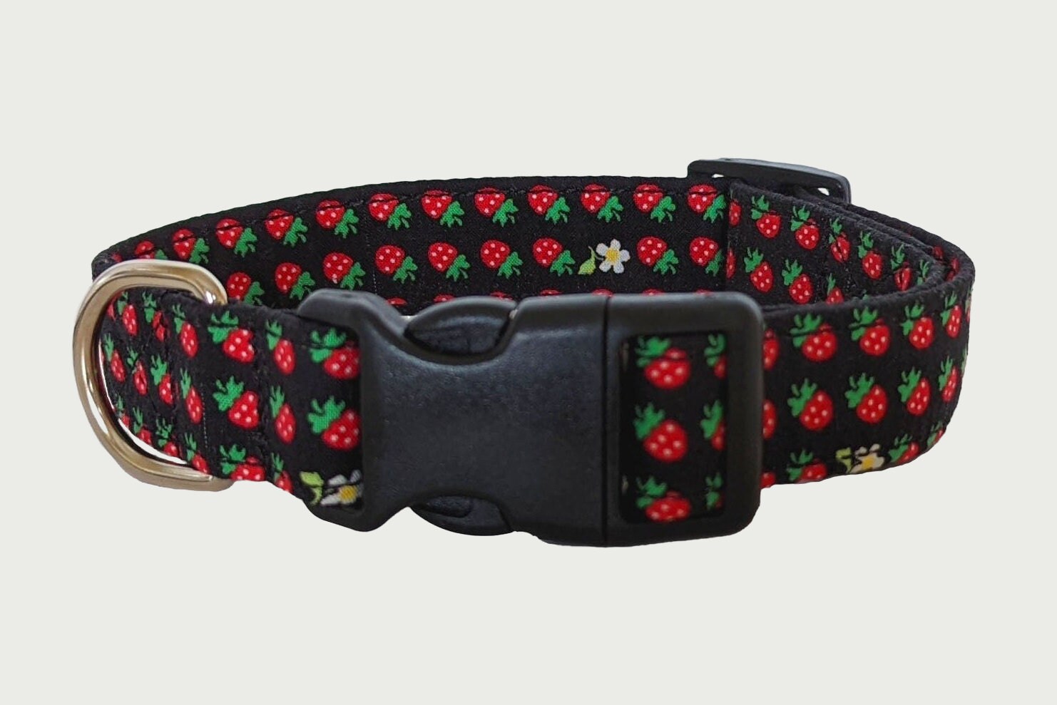 Strawberry Dog Collar | Black background with Strawberries  Dog Collar | Cotton Fabric, Strong Webbing & Strong Buckle
