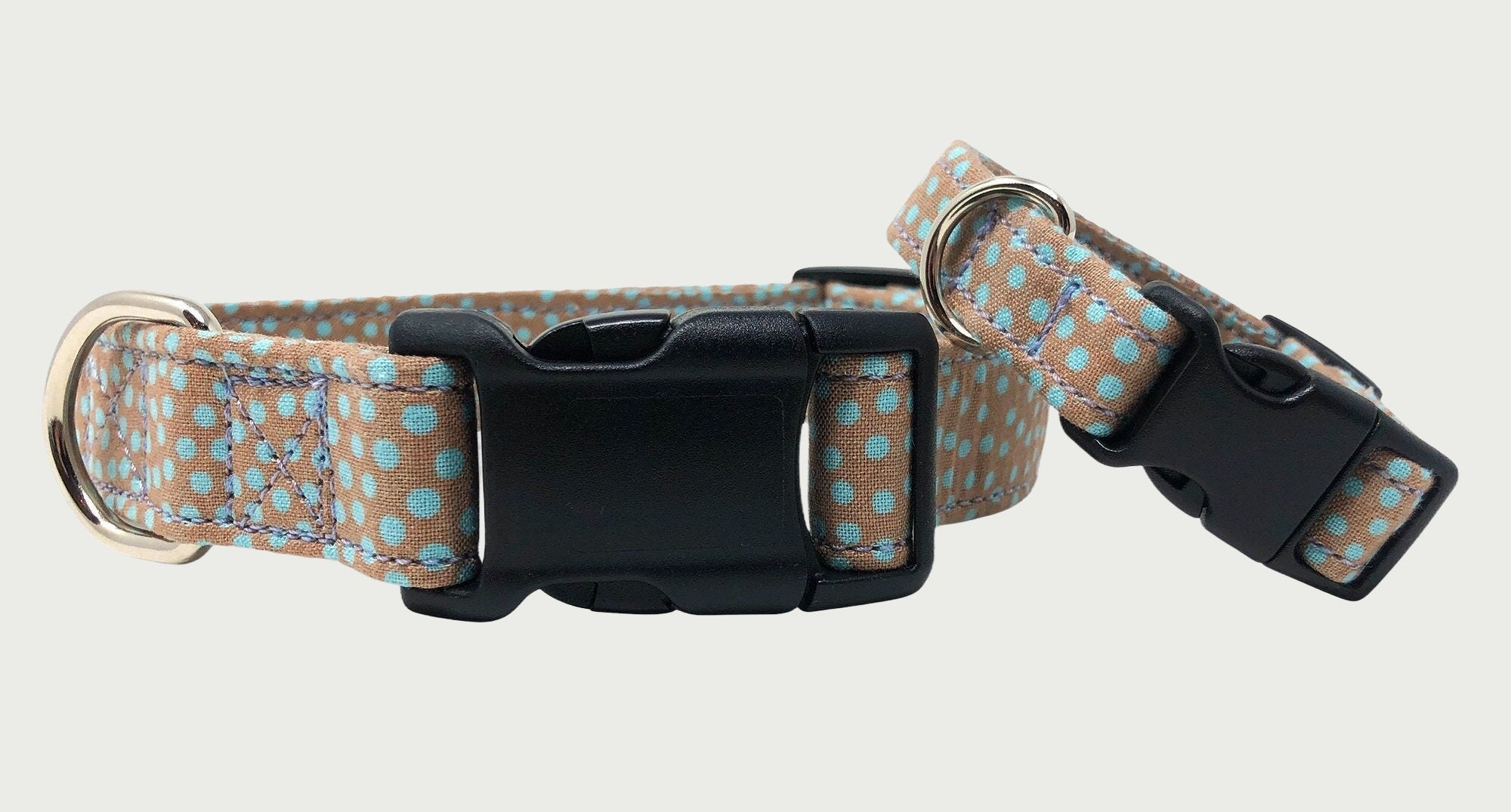 Taupe and Aqua Polka Dot Dog Collar | Adjustable Dog Collar | Handmade Beige and Blue Cotton Fabric, Strong Webbing & Strong Buckles