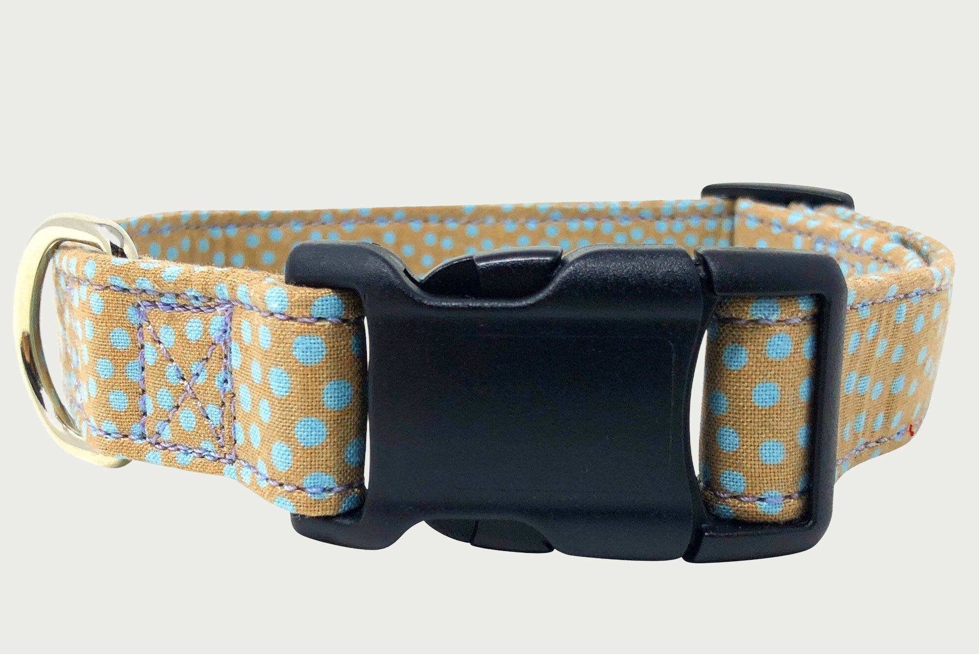 Taupe and Aqua Polka Dot Dog Collar | Adjustable Dog Collar | Handmade Beige and Blue Cotton Fabric, Strong Webbing & Strong Buckles